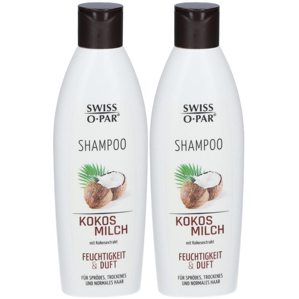 Zwei weiße Shampoo-Flaschen mit braunem Deckel. Aufschrift: SWISS O-PAR, Shampoo, Kokos Milch, Feuchtigkeit & Duft.