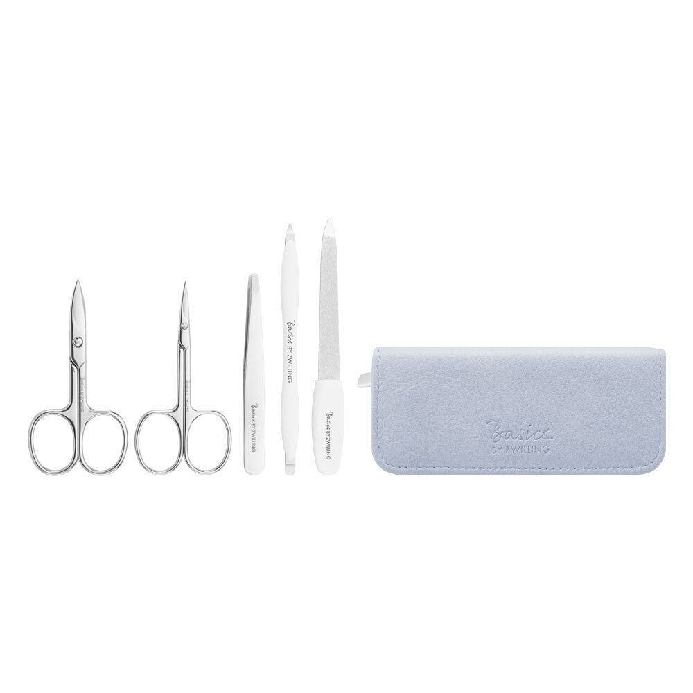 Nagelpflege-Set mit Schere, Pinzette, Feile und Werkzeugen. Blaues Etui. Basics by Zwilling.
