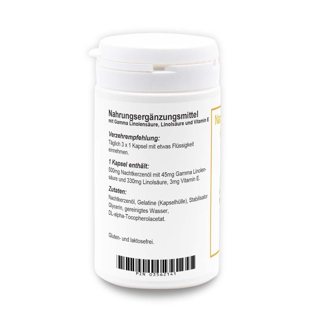 Weiße Pillendose, Rückseite. Aufschrift: Nahrungsergänzungsmittel, Inhaltsstoffe, Verzehrempfehlung. Barcode unten.