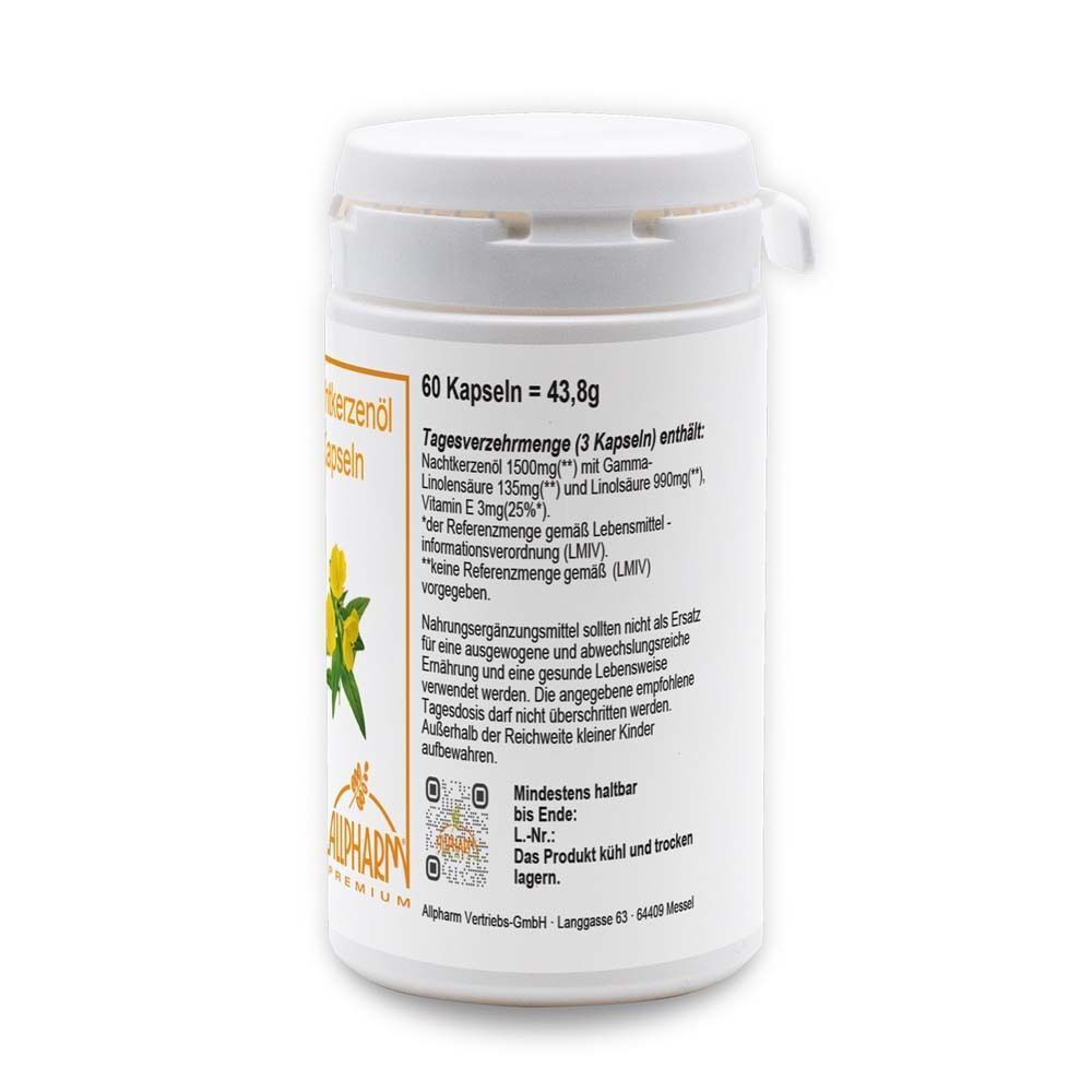 Weiße Pillendose, Rückseite. Aufschrift: 60 Kapseln, Inhaltsstoffe, Mindesthaltbarkeit. ALLPHARM Logo.