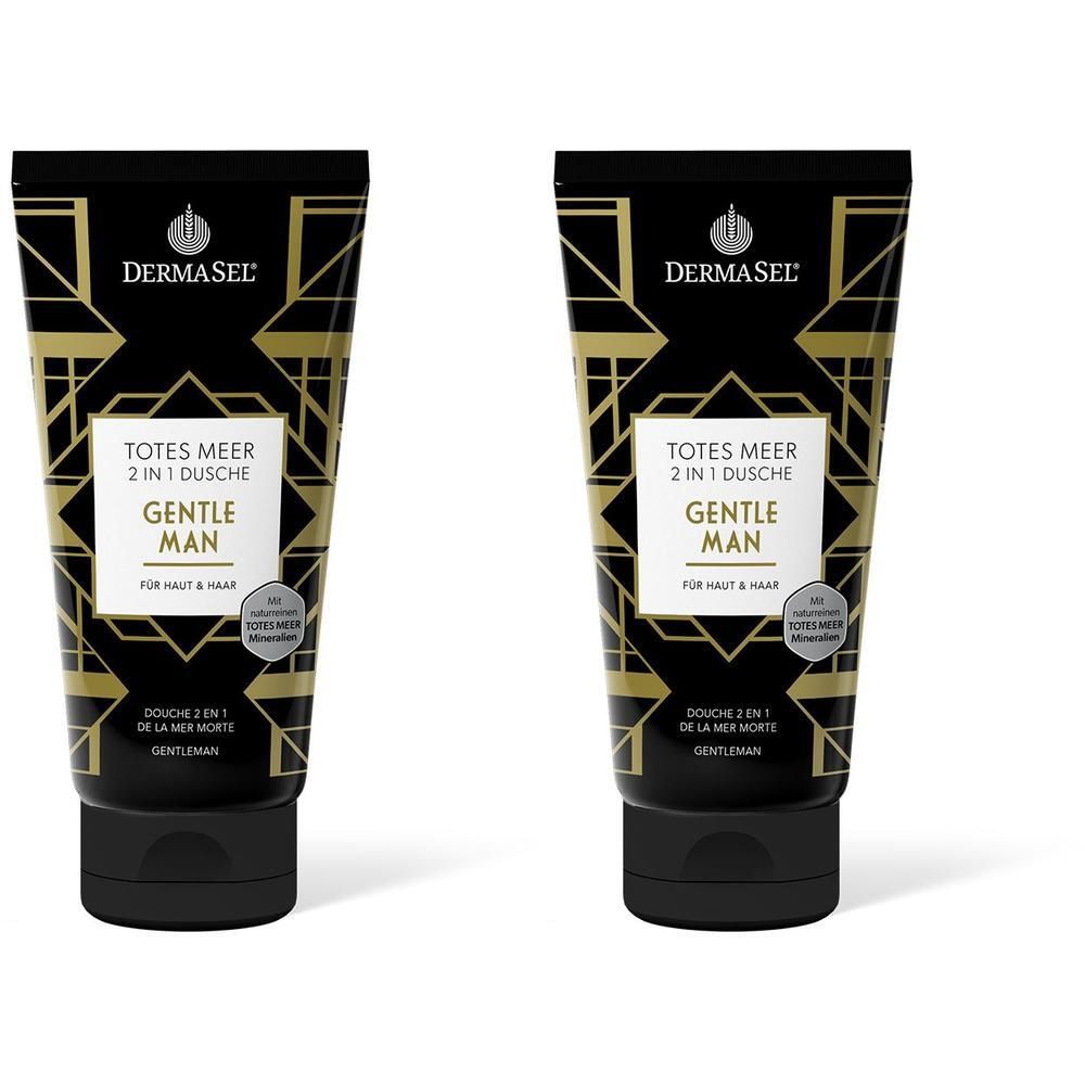 Zwei schwarze Tuben mit goldfarbenem Dekor. Aufschrift: DERMASEL, Totes Meer 2 in 1 Dusche, Gentle Man. Schwarzer Verschluss.