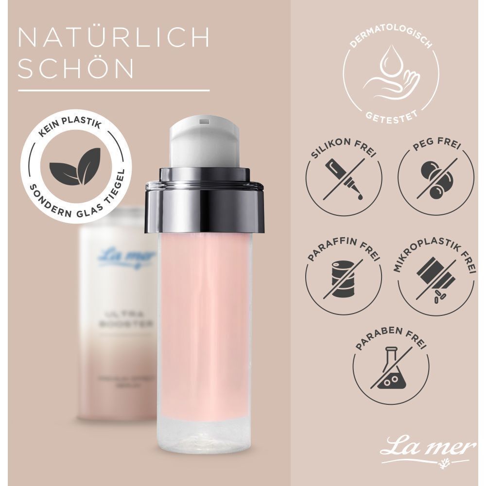Serumflakon. Text: Natürlich schön. Logos: Dermatologisch getestet, silikonfrei, PEG-frei, paraffinfrei, mikroplastikfrei, parabenfrei.