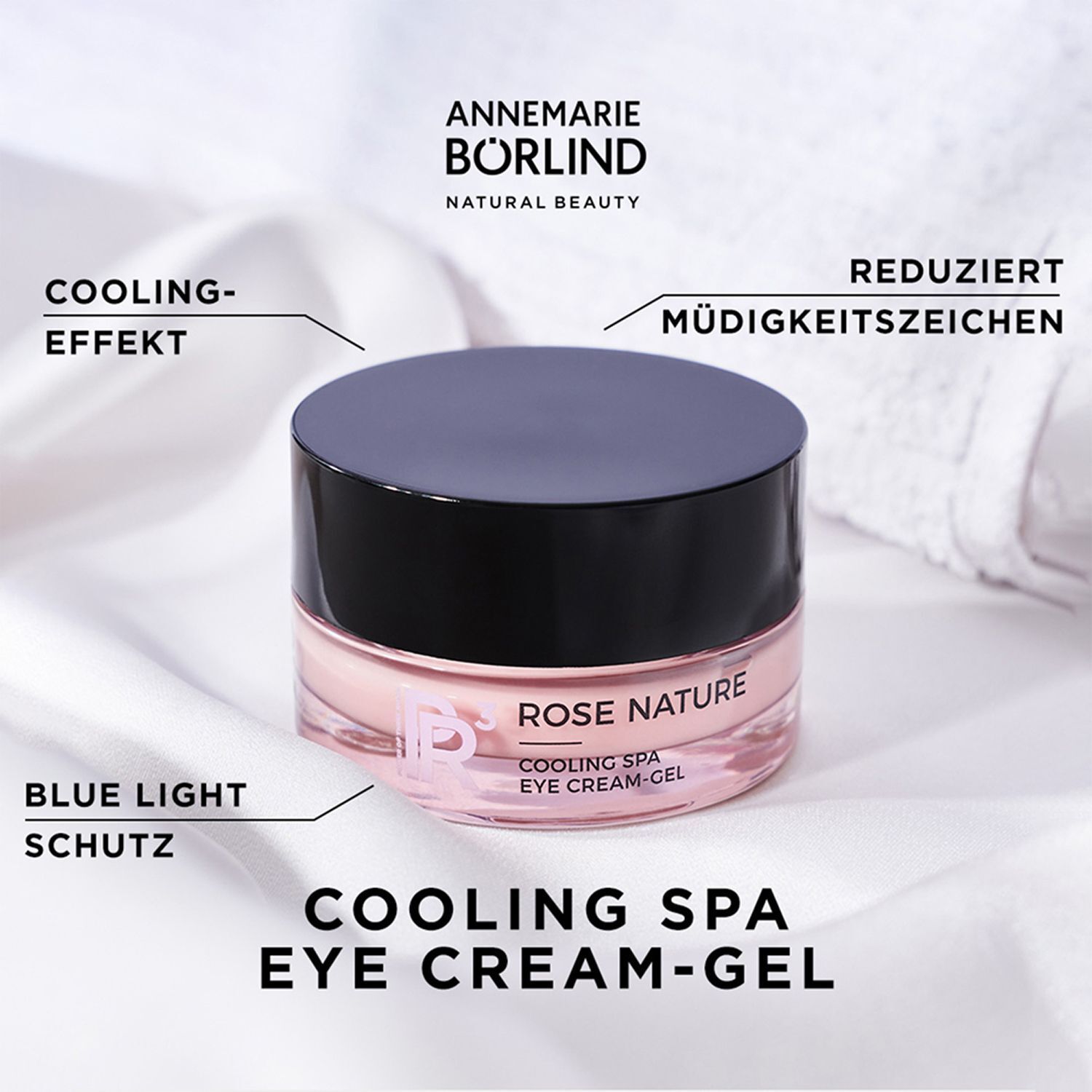 ANNEMARIE BÖRLIND Rose Nature Cooling Spa Eye Cream Gel mit Hinweisen zu Kühleffekt, Blaulichtschutz und Reduzierung von Müdigkeitszeichen.