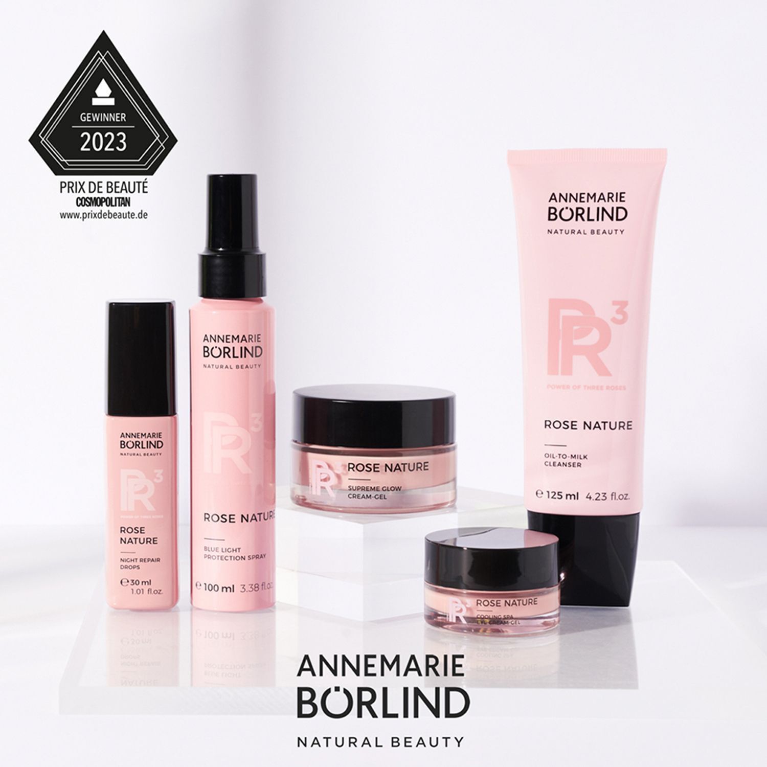 ANNEMARIE BÖRLIND Produktset mit Rose Nature Cooling Spa Eye Cream Gel, Öl-zu-Milch Reiniger und Gesichtsspray.
