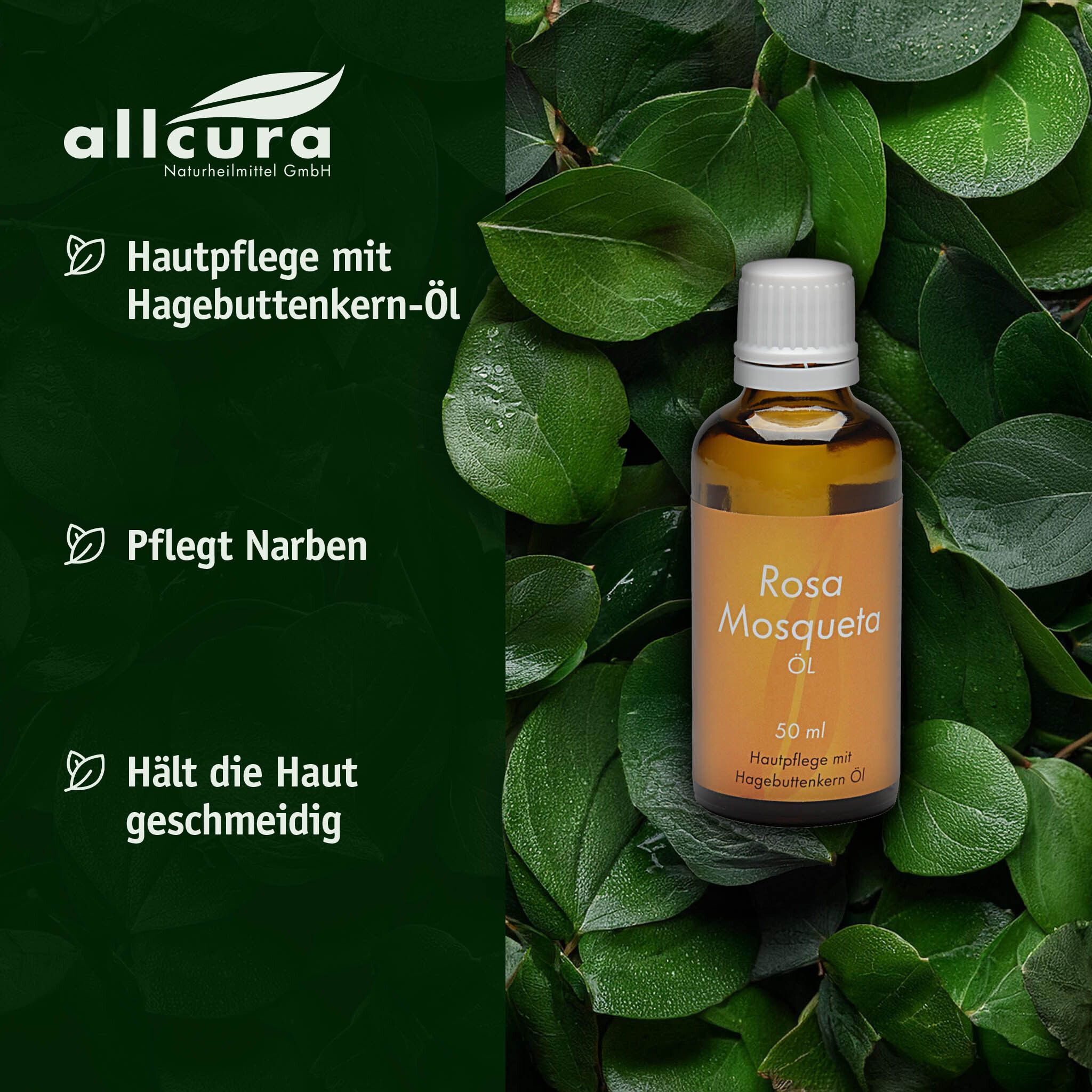 Braune Glasflasche mit weißem Deckel. Aufschrift: Rosa Mosqueta Öl, 50 ml. Hautpflege mit Hagebuttenkern Öl. Umgeben von Blättern.