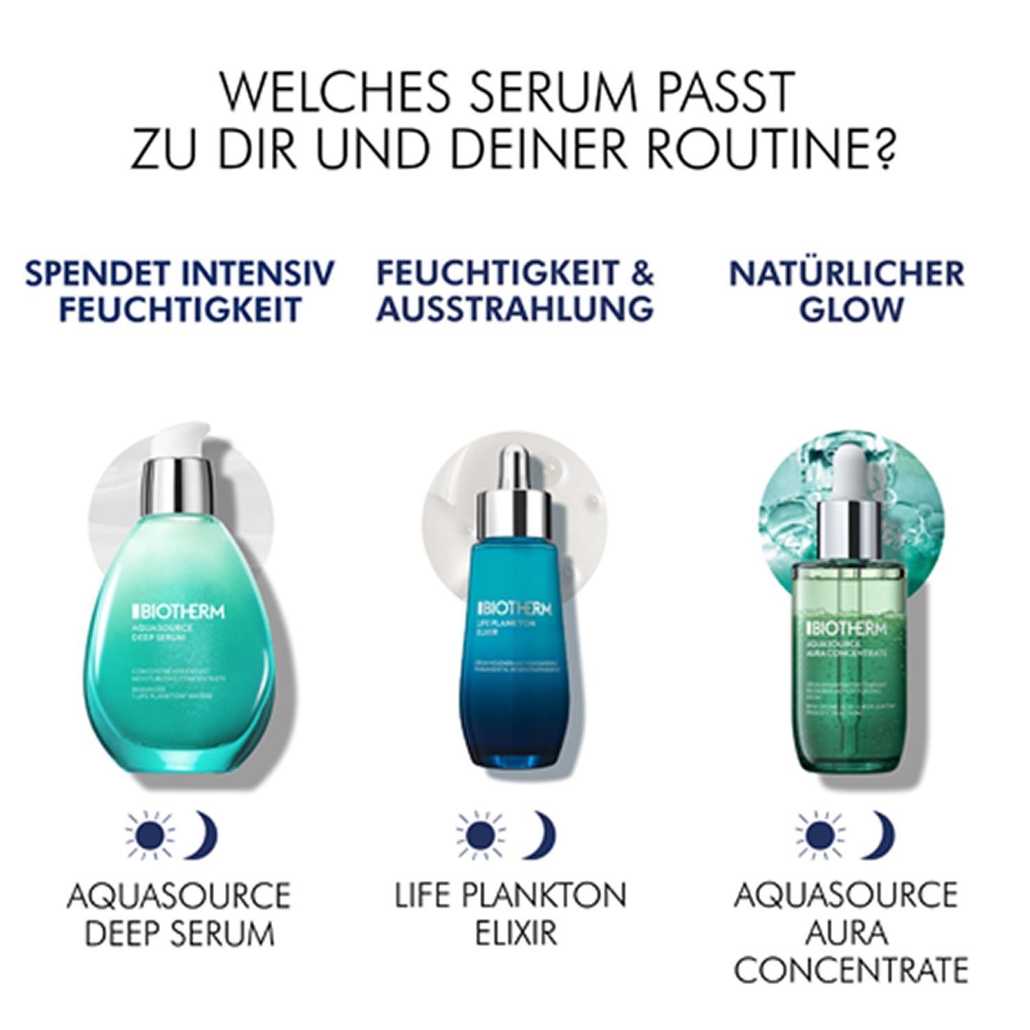Drei BIOTHERM Seren. Aquasource Deep Serum, Life Plankton Elixir, Aquasource Aura Concentrate. Text: Welches Serum passt zu dir?