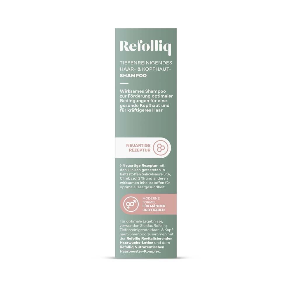 Produktverpackung von REFOLLIQ tiefenreinigendes Haar- & Kopfhaut Shamp. mit Produktinformationen.