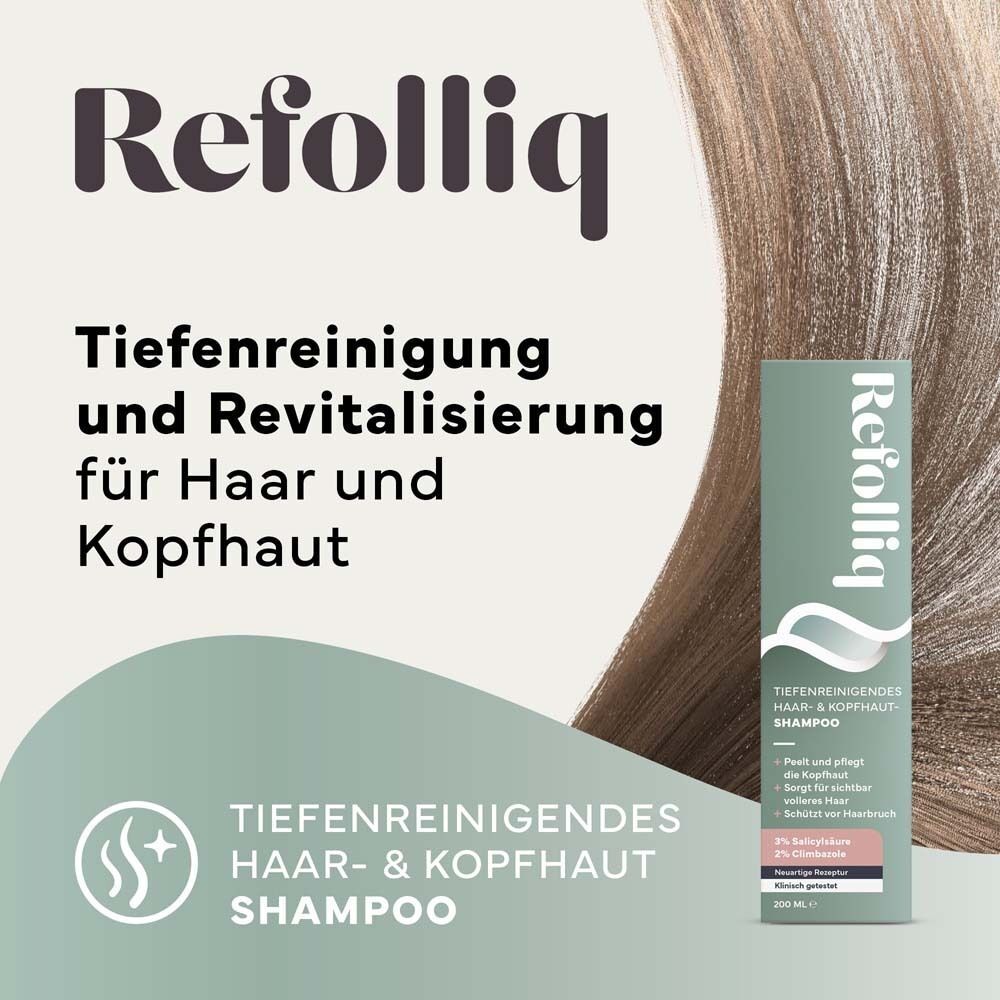 Produkt und Verpackung von REFOLLIQ tiefenreinigendes Haar- & Kopfhaut Shamp. vor einem Hintergrund.