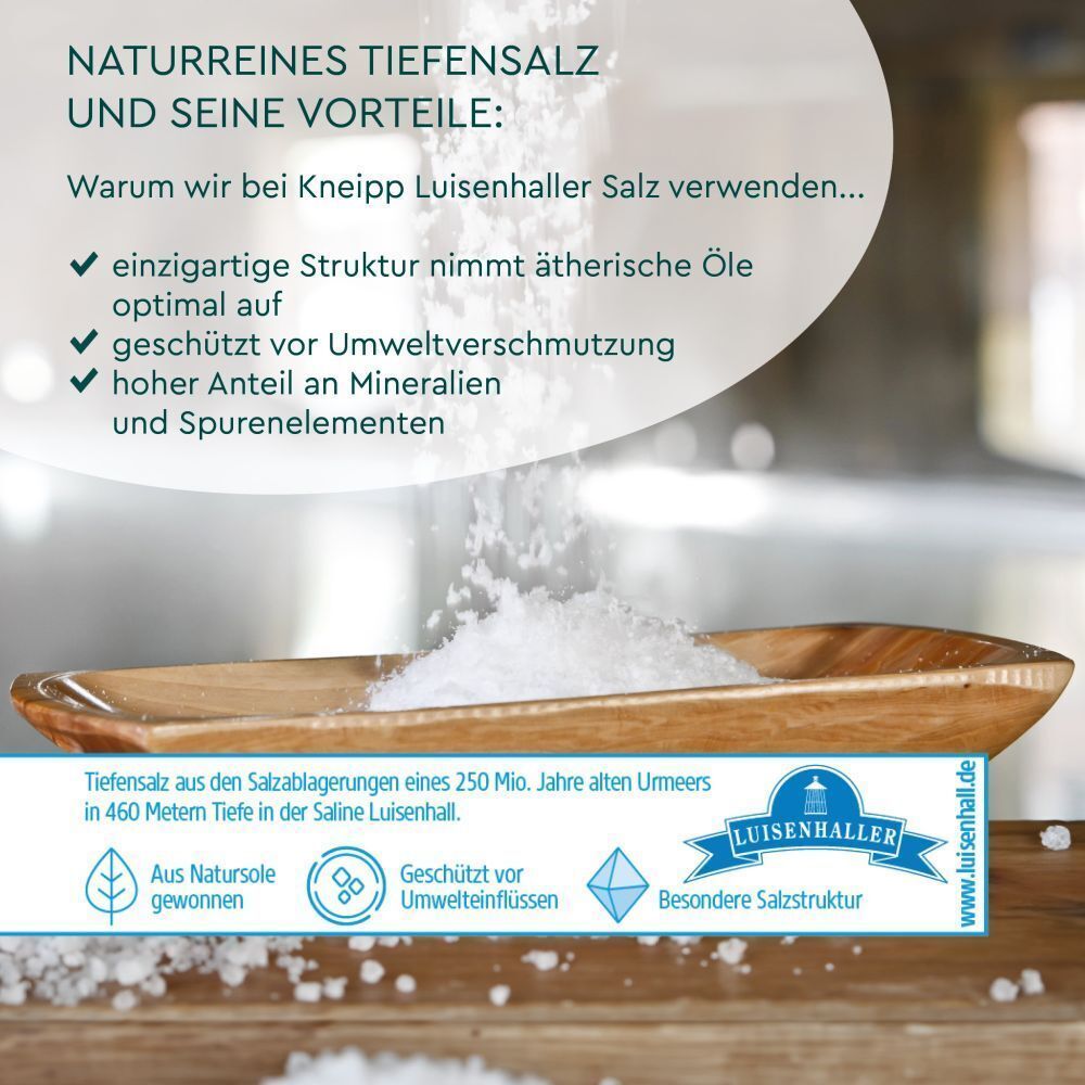 Holzschale mit Salz. Text über Tiefensalz und Vorteile. Logo Luisenhaller.