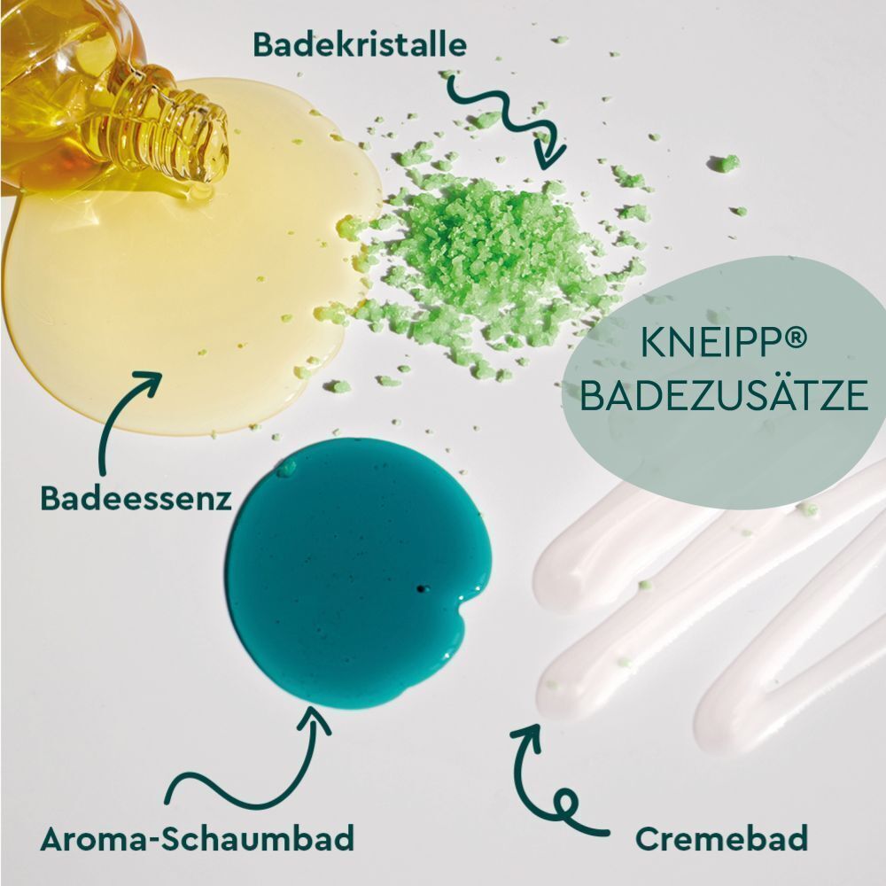 KNEIPP Badezusätze. Verschiedene Produkte: Badeessenz, Aroma-Schaumbad, Cremebad und Badekristalle.