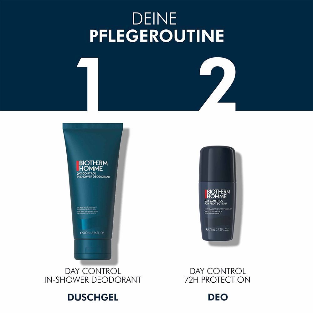 BIOTHERM HOMME Day Control 72h Protection Deo neben Duschgel. Schwarze Flasche mit rotem Logo und weißer Schrift. Text: DEO.