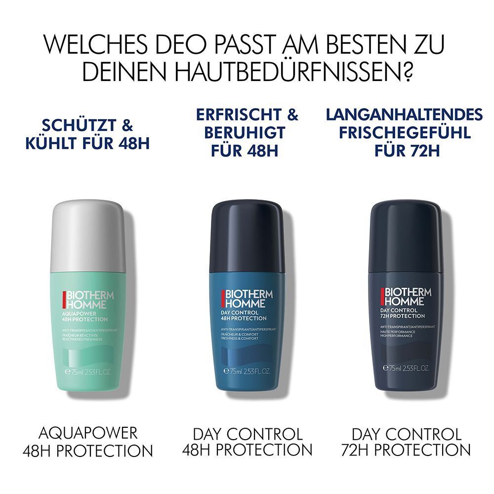 Drei BIOTHERM HOMME Deodorants. Day Control 72h Protection, Day Control 48h Protection, Aquapower 48h Protection. Verschiedene Farben.