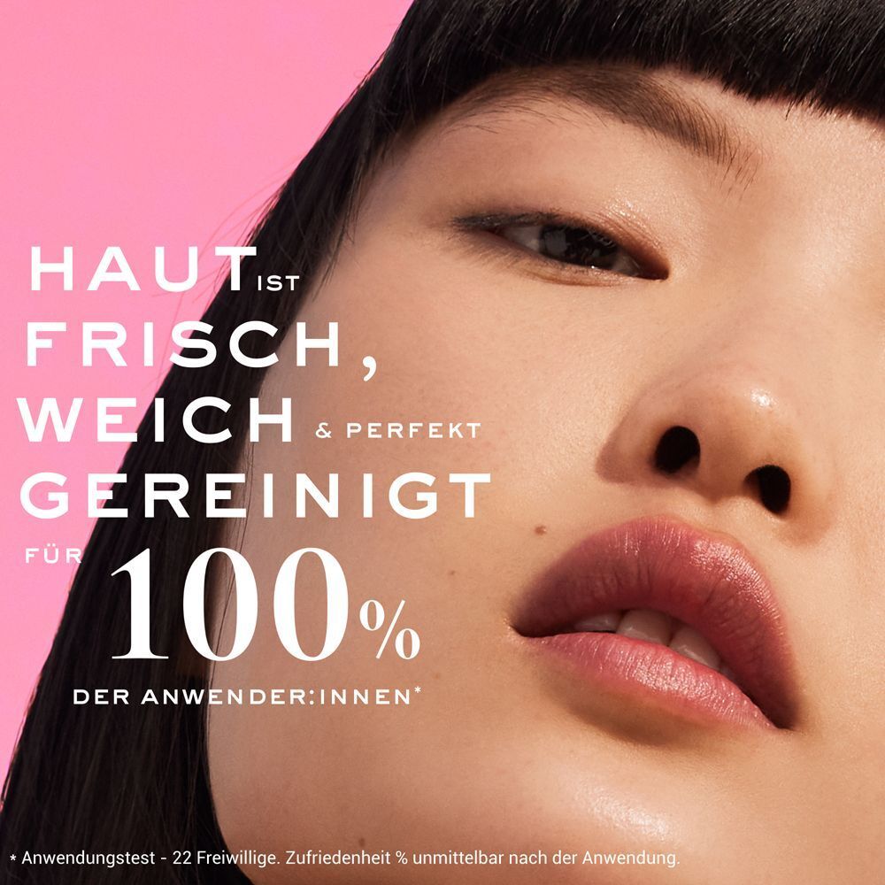 Nahaufnahme eines Gesichts. Text: Haut ist frisch, weich & perfekt gereinigt für 100% der Anwender:innen.