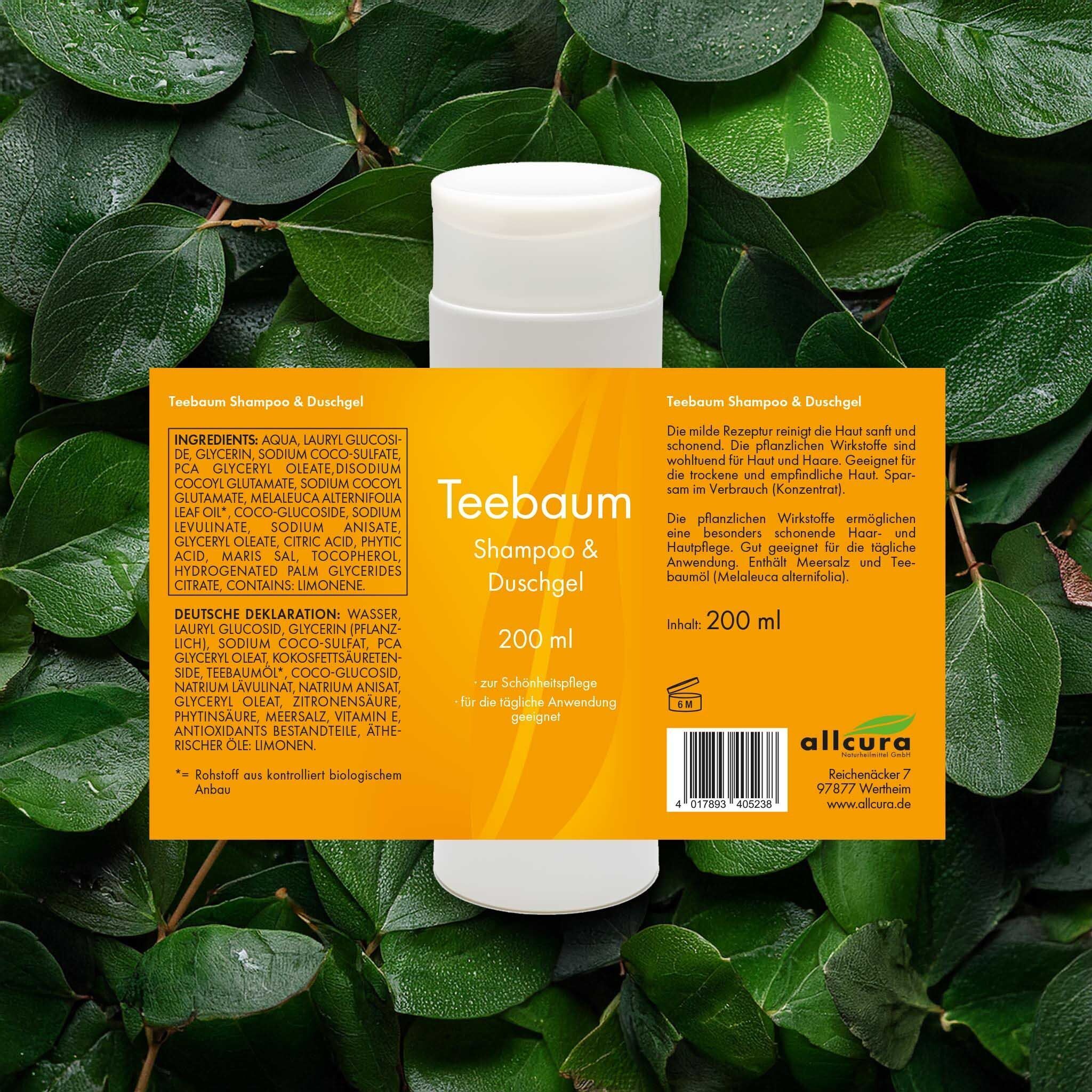 Flasche Shampoo & Duschgel mit orangefarbenem Etikett. Text: Teebaum, Shampoo & Duschgel, 200 ml, Inhaltsstoffe.