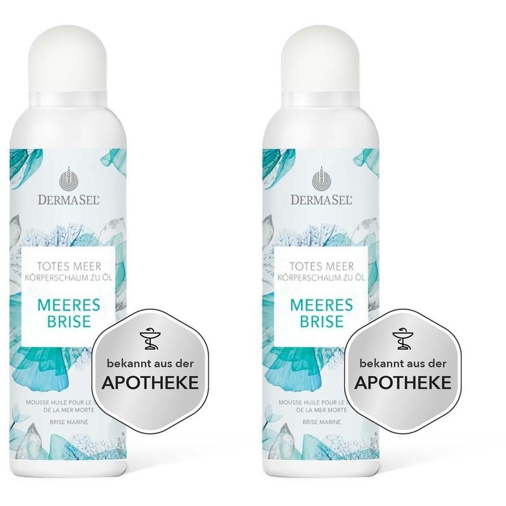 Zwei weiße Sprühdosen mit weißem Deckel. Aufschrift: DERMASEL, TOTES MEER Körperschaum zu Öl, MEERES BRISE. Apotheken-Logo.