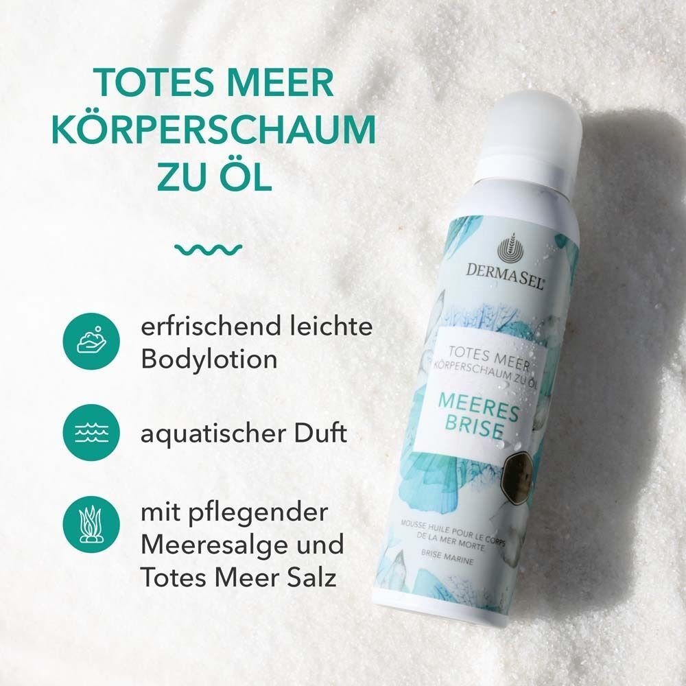 Weiße Sprühdose mit weißem Deckel. Aufschrift: DERMASEL, TOTES MEER Körperschaum zu Öl, MEERES BRISE. Text: erfrischend leichte Bodylotion, aquatischer Duft.