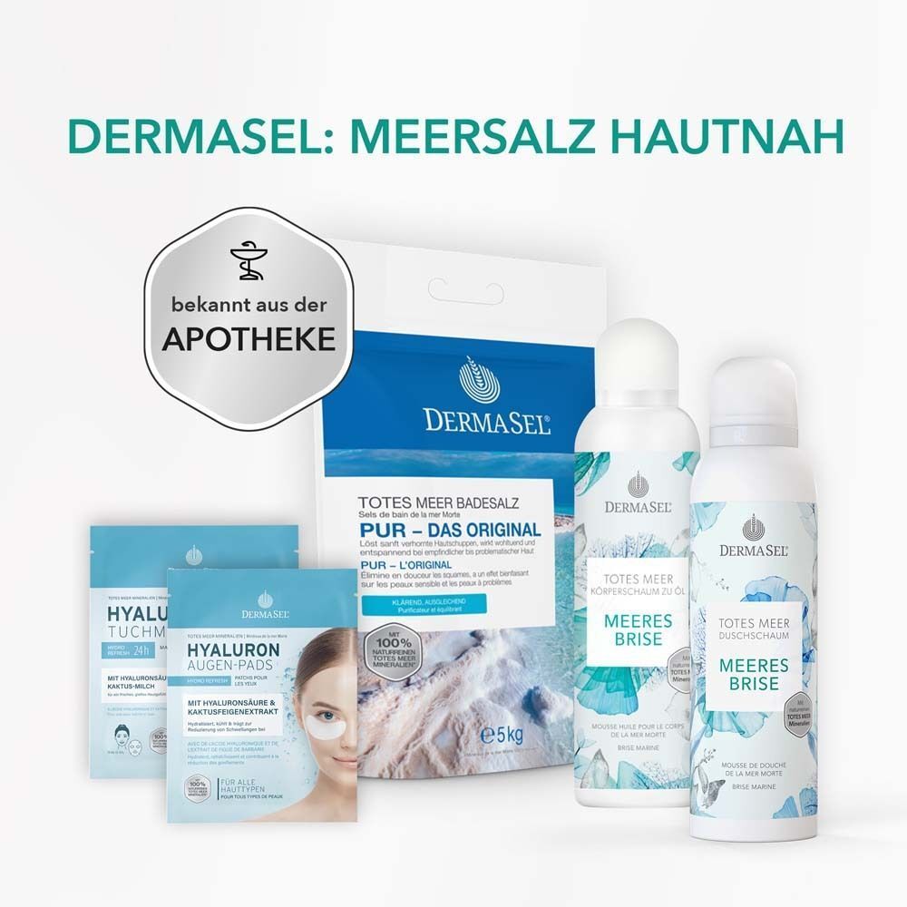 Verschiedene DERMASEL Produkte. Sprühdosen, Badesalz, Augenpads. Apotheken-Logo.