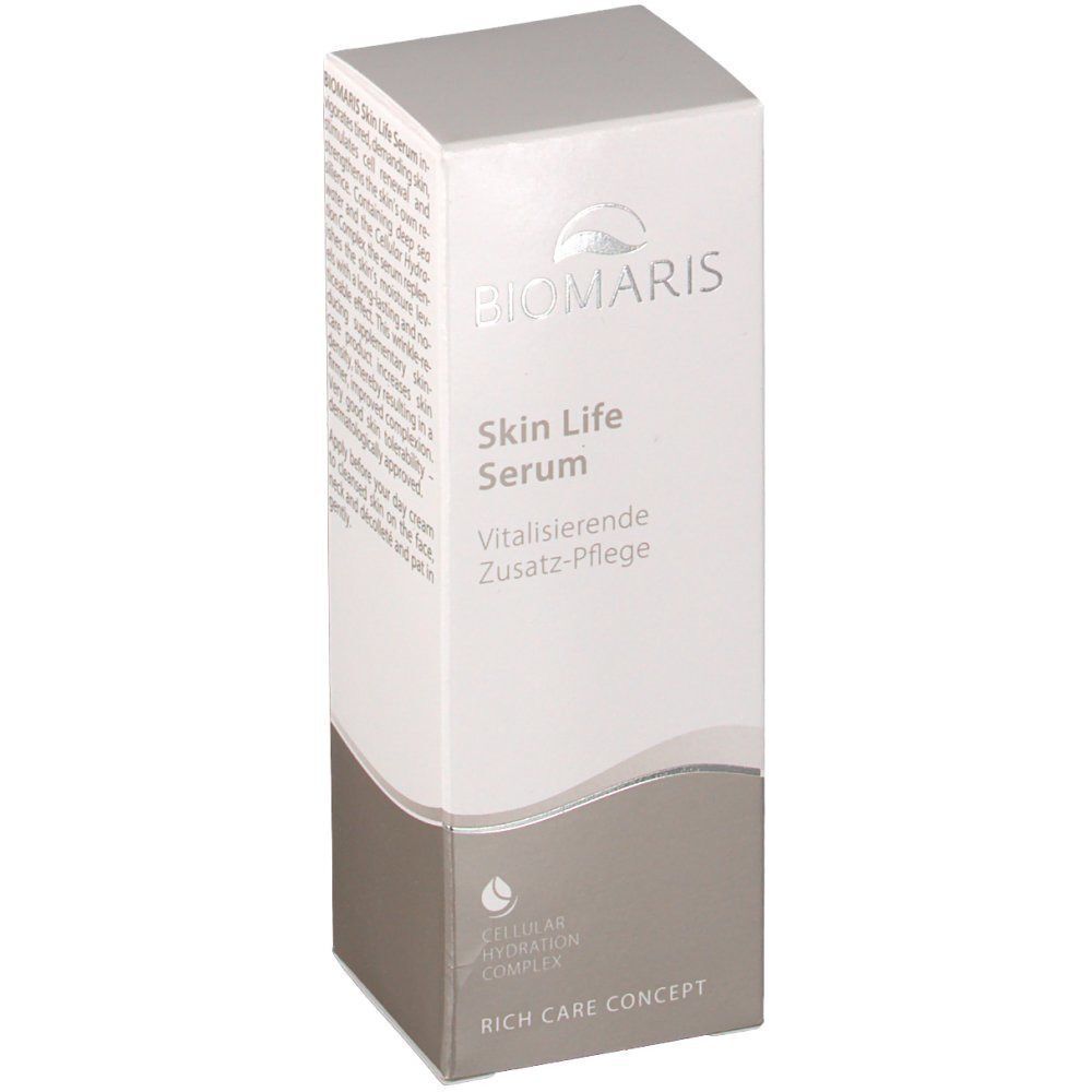 BIOMARIS Skin Life Serum in weiß-grauer Verpackung. Produktname und Marke deutlich sichtbar. Text auf der Verpackung.