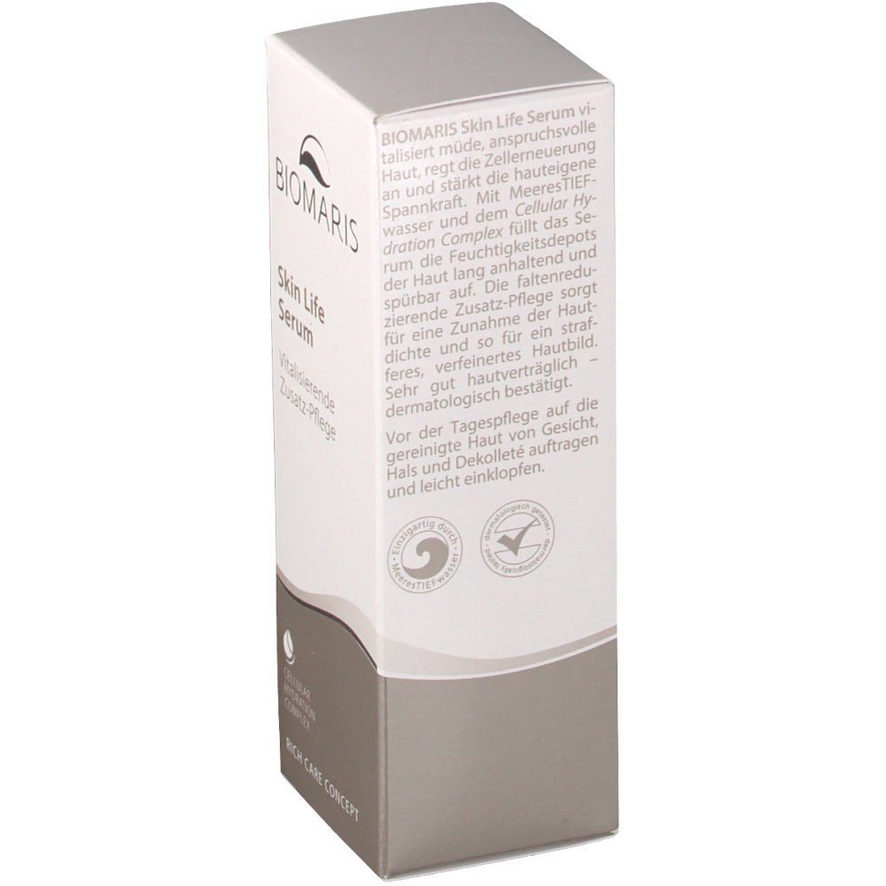 Verpackung von BIOMARIS Skin Life Serum. Text und Logo auf weiß-grauem Karton. Zertifizierungszeichen sichtbar.