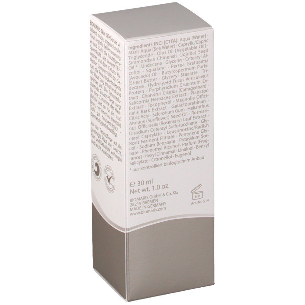 Rückseite der Verpackung von BIOMARIS Skin Life Serum. Inhaltsstoffe, Nettogewicht und Herstellerinformationen.