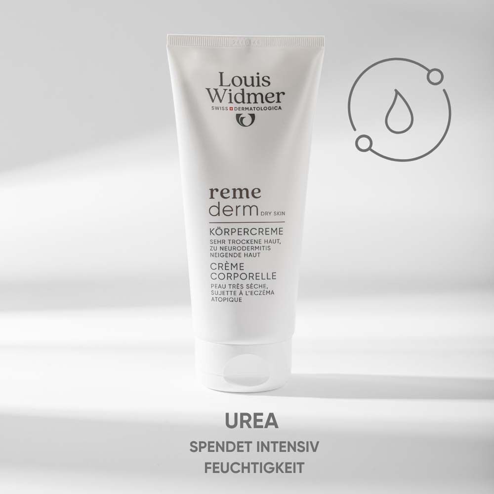 Weiße Tube. Aufschrift: Louis Widmer, remederm dry skin, Körpercreme, Crème corporelle. Text: Urea.