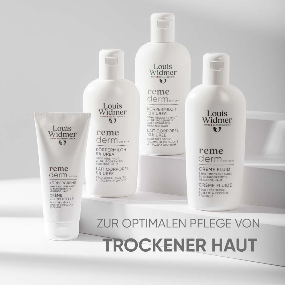 Verschiedene Produkte. Aufschrift: Louis Widmer, remederm. Produkte für trockene Haut.