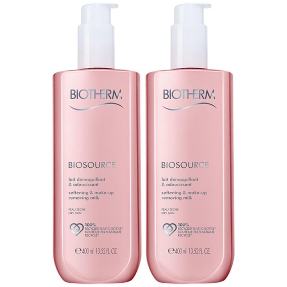 Zwei rosa Flaschen mit weißem Pumpverschluss. Aufschrift: BIOTHERM, BIOSOURCE, Reinigungsmilch. 100% recycelte Flaschen.