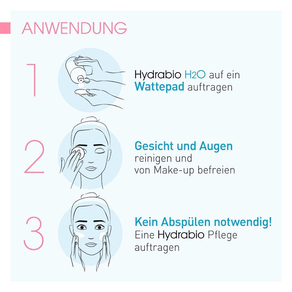 Anwendungsschritte: Auftragen auf Wattepad, Gesicht reinigen, keine Spülung. Illustrationen mit Text auf Deutsch.