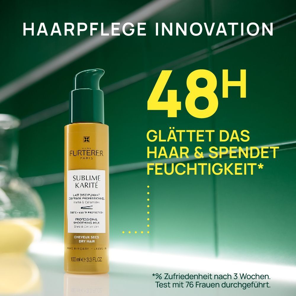 Eine Flasche FURTERER Sublime Karité Milch. Grün-goldene Flasche. Text: 48H, glättet das Haar & spendet Feuchtigkeit. Hintergrund grün.