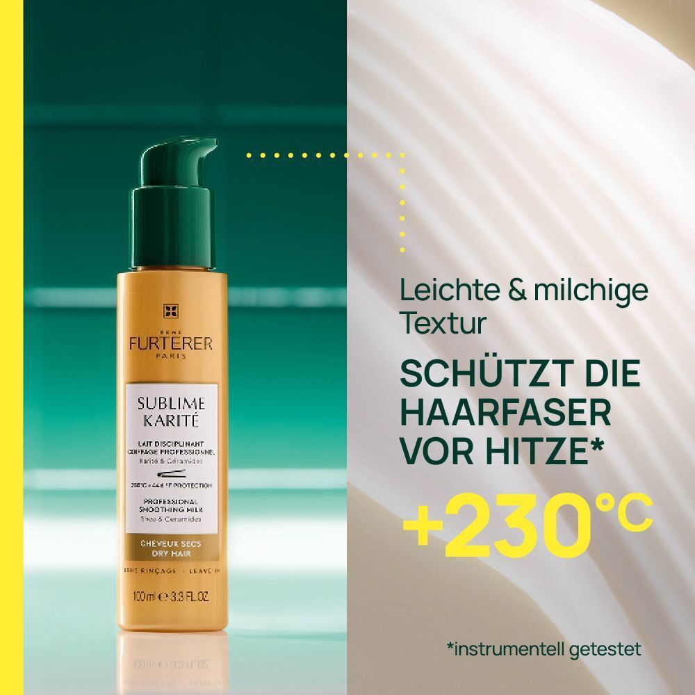 Eine Flasche FURTERER Sublime Karité Milch. Grün-goldene Flasche. Text: Schützt die Haarfaser vor Hitze +230°C. Hintergrund grün.