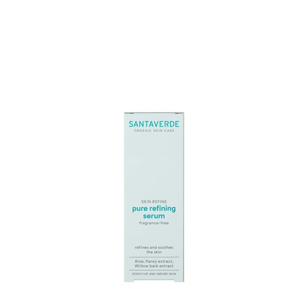 Karton SANTAVERDE pure refining serum. Weiß mit grüner Schrift. Aufschrift: Skin Refine, fragrance-free. Inhaltsstoffe.