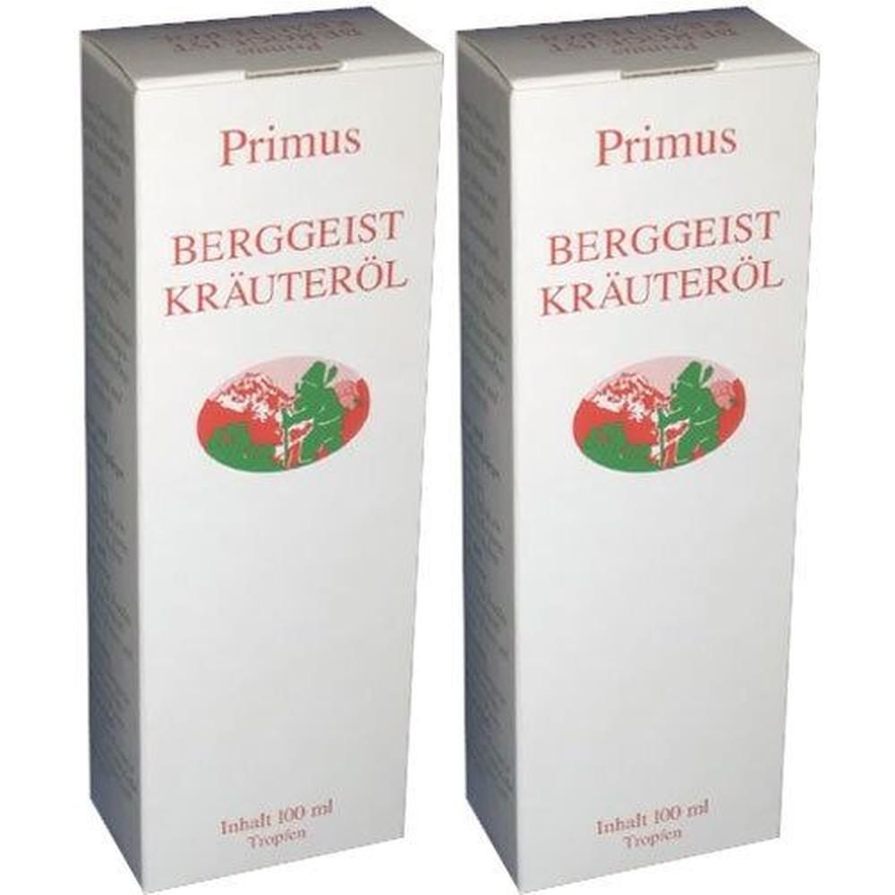 Zwei weiße Kartons mit Produktaufdruck. Oben steht "Primus", darunter "BERGGEIST KRÄUTERÖL". Darunter ein ovales Logo.