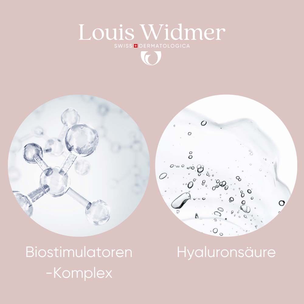 Zwei Kreise mit Abbildungen. Links: Biostimulatoren-Komplex. Rechts: Hyaluronsäure. Logo: Louis Widmer.
