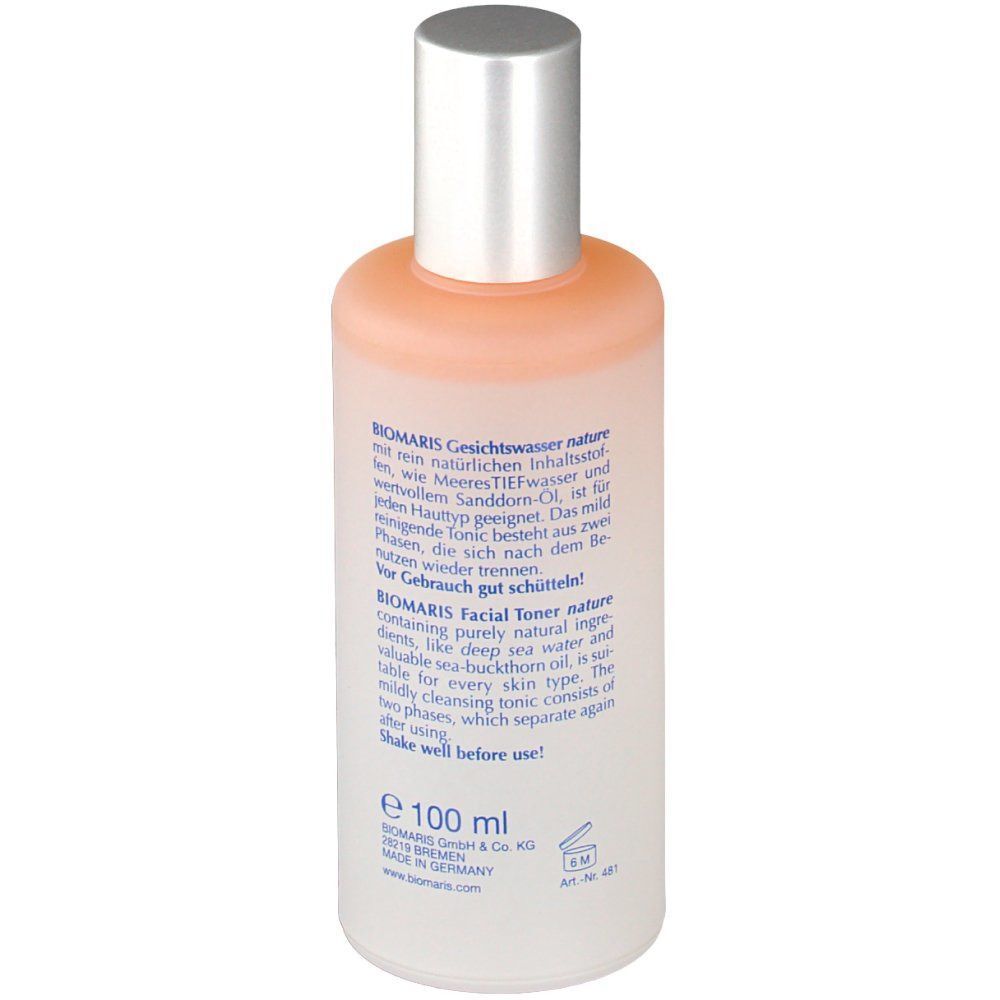 BIOMARIS Gesichtswasser nature Flasche. Zylindrische, weiße Flasche mit silbernem Deckel. Text auf der Flasche. E 100 ml.