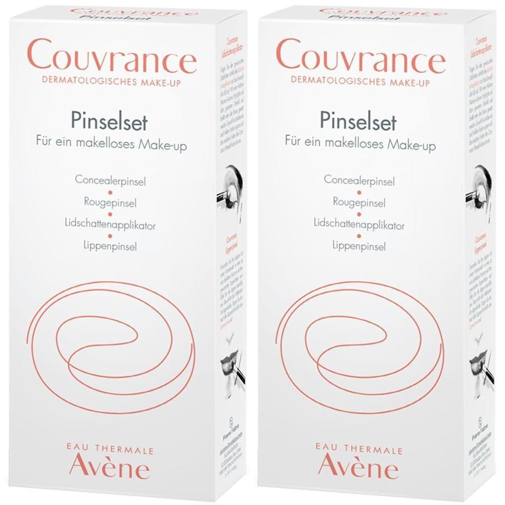 Zwei weiße Verpackungen mit Produktnamen und Pinselset-Bezeichnung. Text: Couvrance, AVENE, Pinselset, dermatologisches Make-up.