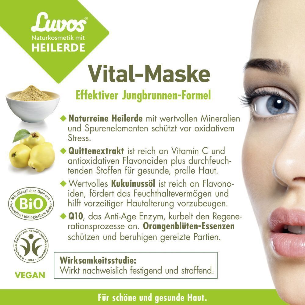 Luvos Vital Maske mit Inhaltsangaben. Grün-weiß Verpackung mit Produktname, Logo und Gesicht. BIO-Siegel und Vegan-Zeichen.