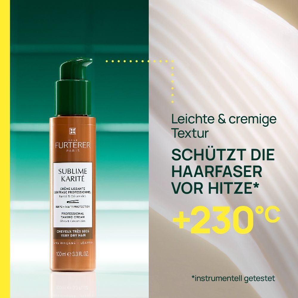 Flasche Creme mit Pumpverschluss. Aufschrift: Sublime Karité. Text: Schützt vor Hitze bis +230°C.