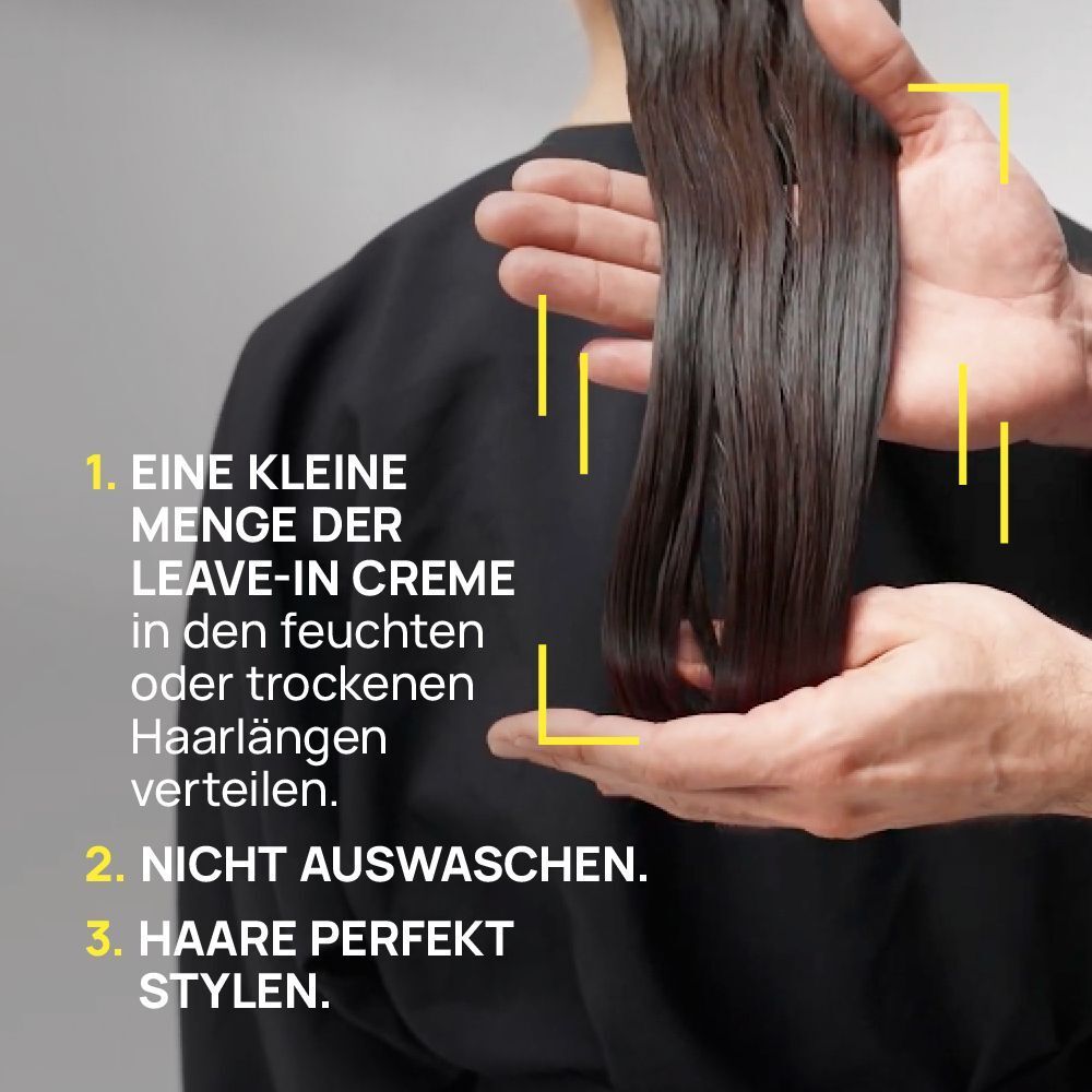 Hände verteilen Leave-in Creme auf Haarsträhne. Text: 1. Creme verteilen. 2. Nicht auswaschen. 3. Stylen.