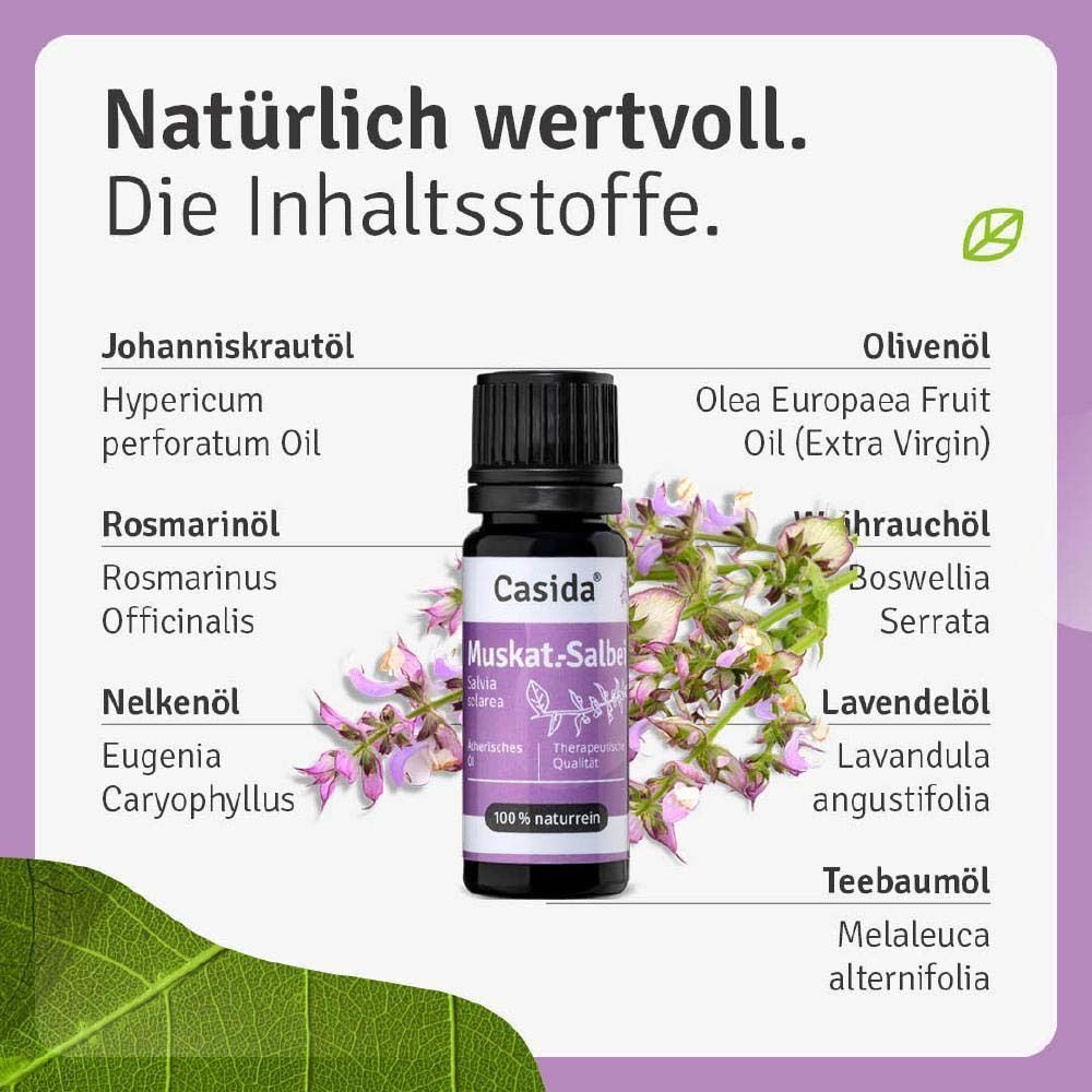 Eine Flasche Casida® Muskat.-Salbeiöl. Violettes Etikett mit Produktnamen und Logo. Schwarzer Deckel. Inhaltsstoffe.