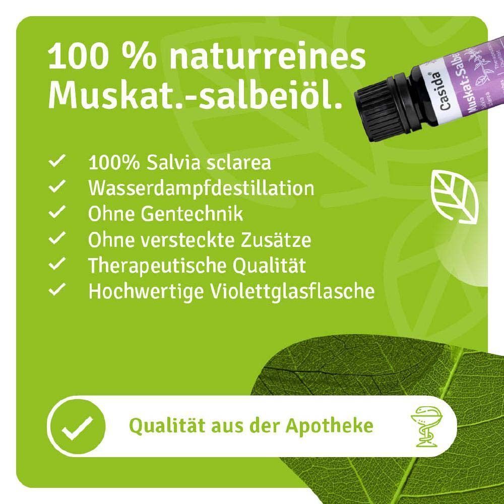 Eine Flasche Casida® Muskat.-Salbeiöl. Violettes Etikett mit Produktnamen und Logo. Schwarzer Deckel. 100% naturrein.