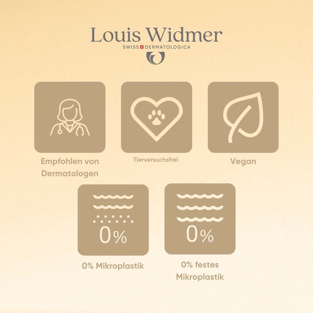 Symbole: Empfohlen von Dermatologen, Tierversuchsfrei, Vegan, 0% Mikroplastik, 0% festes Mikroplastik. Logo: Louis Widmer.