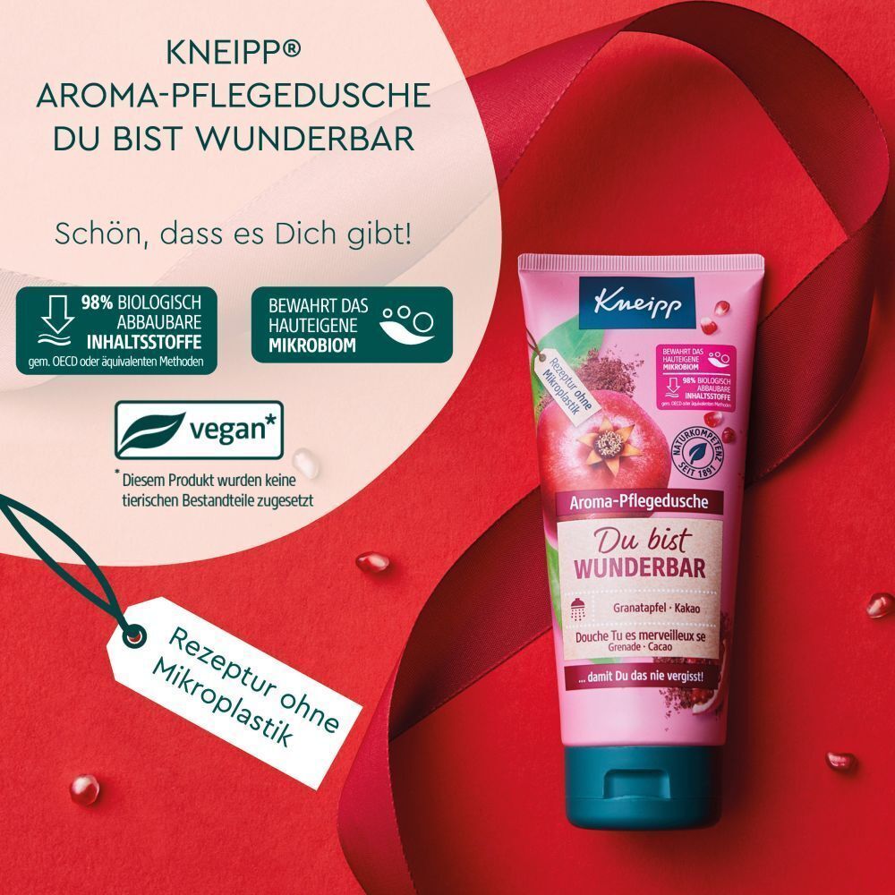 Kneipp® Aroma-Pflegedusche-Tube mit Schleife und Anhänger. Text: Du bist wunderbar. Zertifizierungen und vegan-Logo.