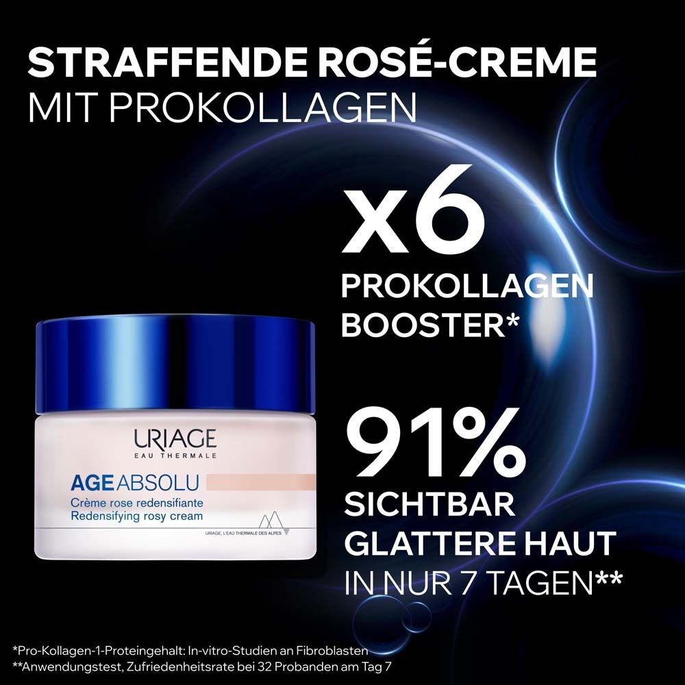 Werbung für Straffende Rosé-Creme mit Pro-Kollagen. Text: x6 Pro-Kollagen Booster, 91% sichtbar glattere Haut in 7 Tagen. Produktabbildung.