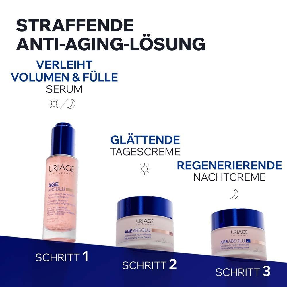 Drei Produkte. Text: Straffende Anti-Aging-Lösung. Schritt 1: Serum. Schritt 2: Tagescreme. Schritt 3: Nachtcreme. Uriage-Markenlogos.