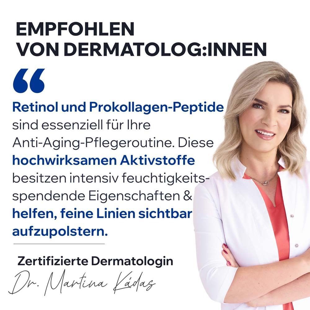 Frau im weißen Kittel. Text: Empfohlen von Dermatolog:innen. Zitat über Retinol und Pro-Kollagen-Peptide. Zertifizierte Dermatologin.