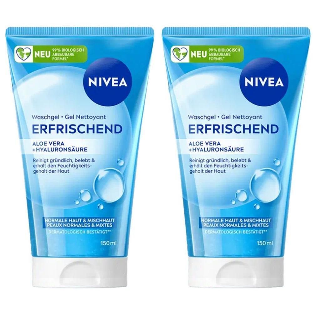 Zwei blaue Tuben NIVEA Waschgel. Aufschrift: ERFRISCHEND, Aloe Vera + Hyaluronsäure. Für normale und Mischhaut. Dermatologisch bestätigt.