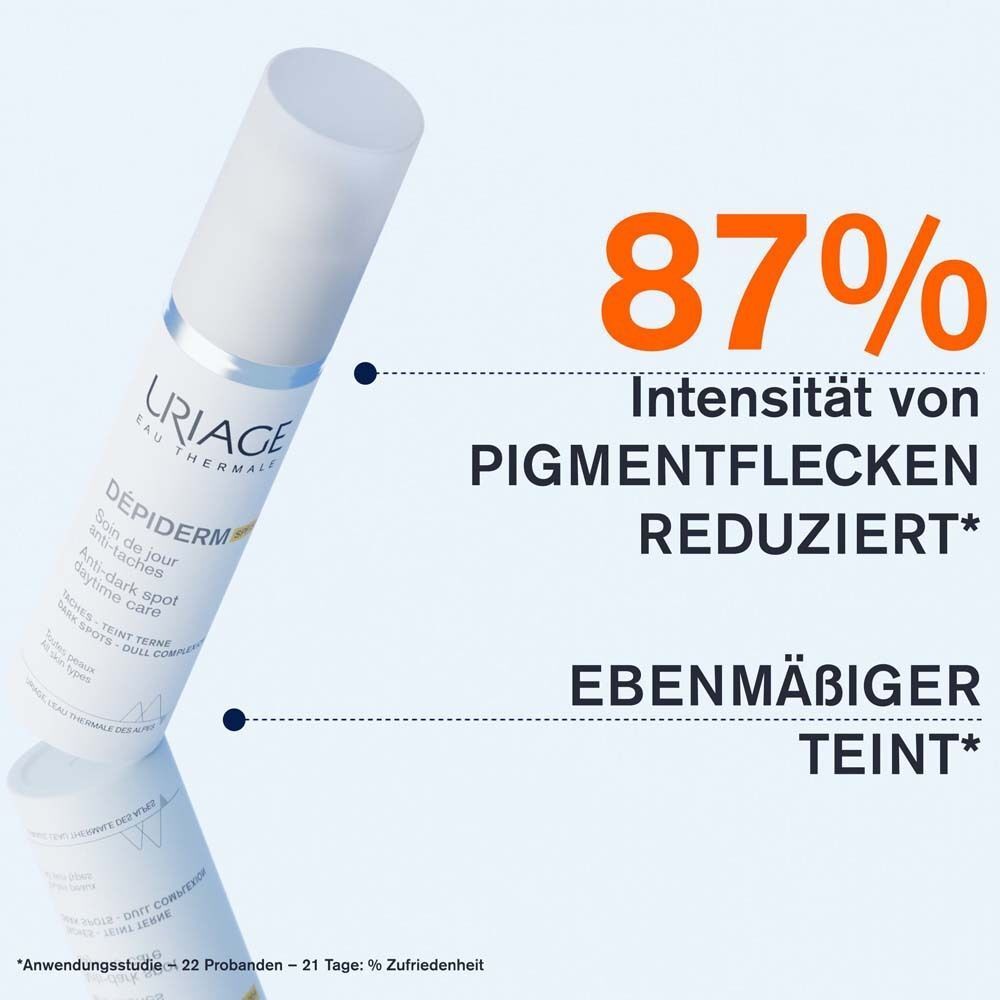 Weiße Flasche. Text: 87% Reduzierung von Pigmentflecken. Ebenmäßiger Teint.