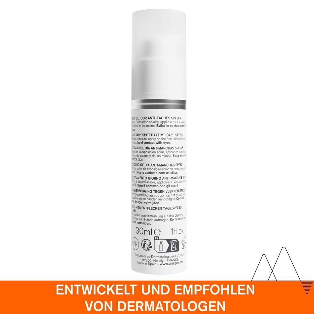 Weiße Flasche. Text: URIAGE DÉPIDERM, Anti-Pigmentflecken Tagespflege LSF50+. 30ml.