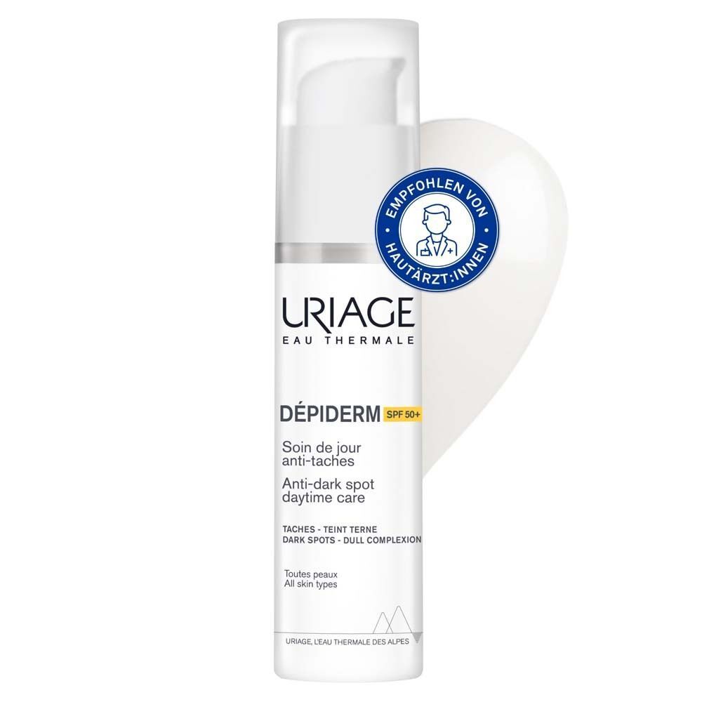Weiße Flasche mit Pumpverschluss. Text: URIAGE DÉPIDERM, Anti-Pigmentflecken Tagespflege LSF50+.