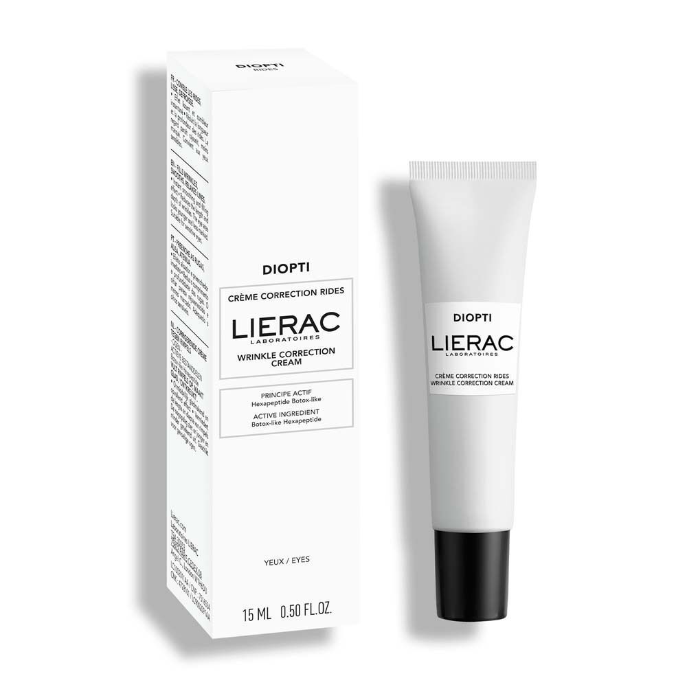 LIERAC Diopti Rides Augencreme mit Verpackung. Tube und Schachtel. Text: DIOPTI, LIERAC, Crème Correction Rides, Wrinkle Correction Cream, 15 ml.